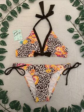 MARINA Brown Floral Leopard Print Tie Bikini